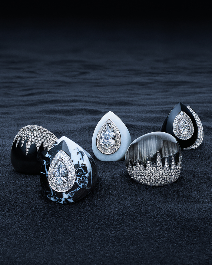 Boucheron , Or Bleu collection presenting : Eau d'Encre, Banquise, Ecume, Miroirs infinis rings, the edge mag 