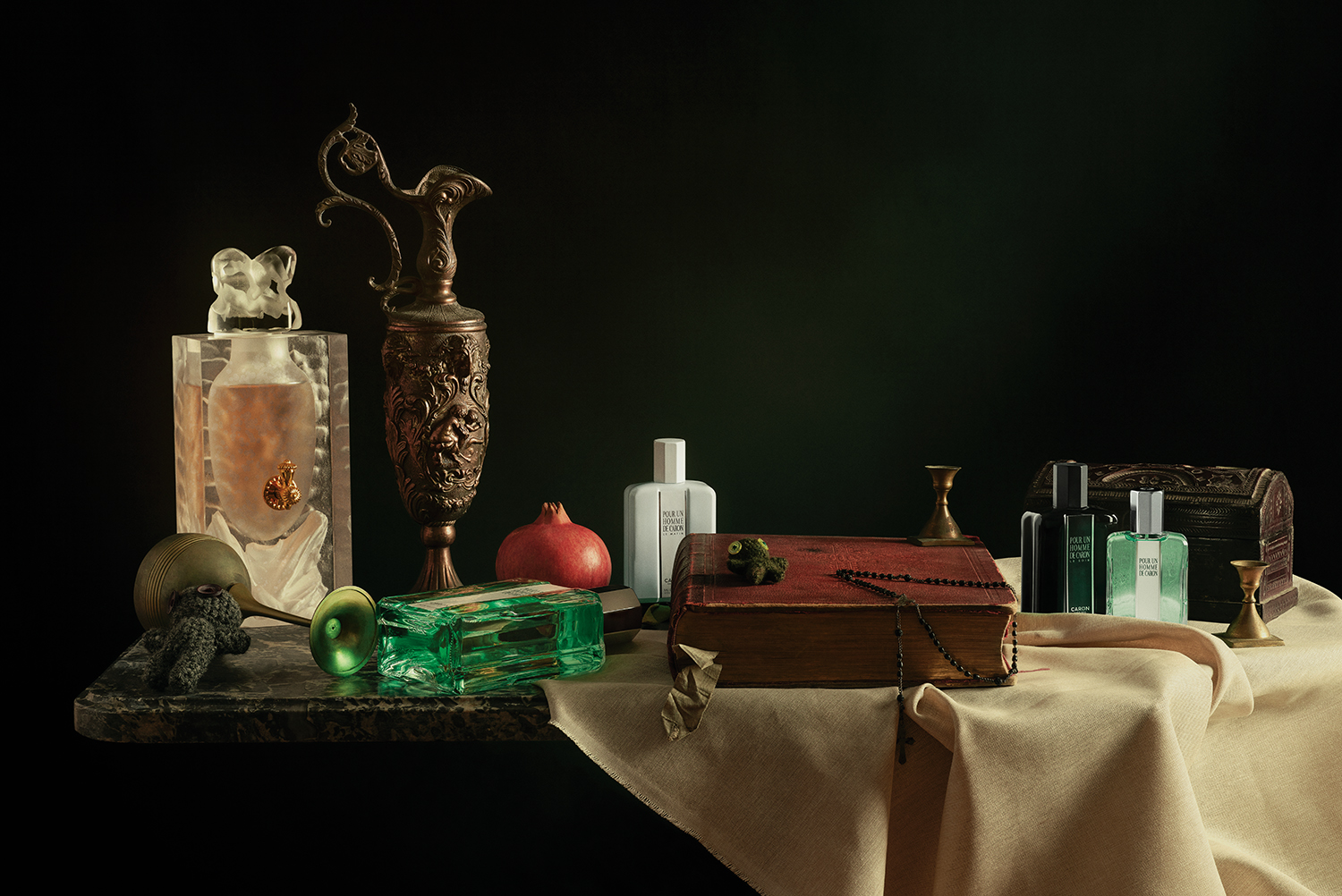 Caron Perfumes, with the La Trilogie Pour Un Homme de Caron and the enchanting Daum Fountain. Still life editorial edge magazine 