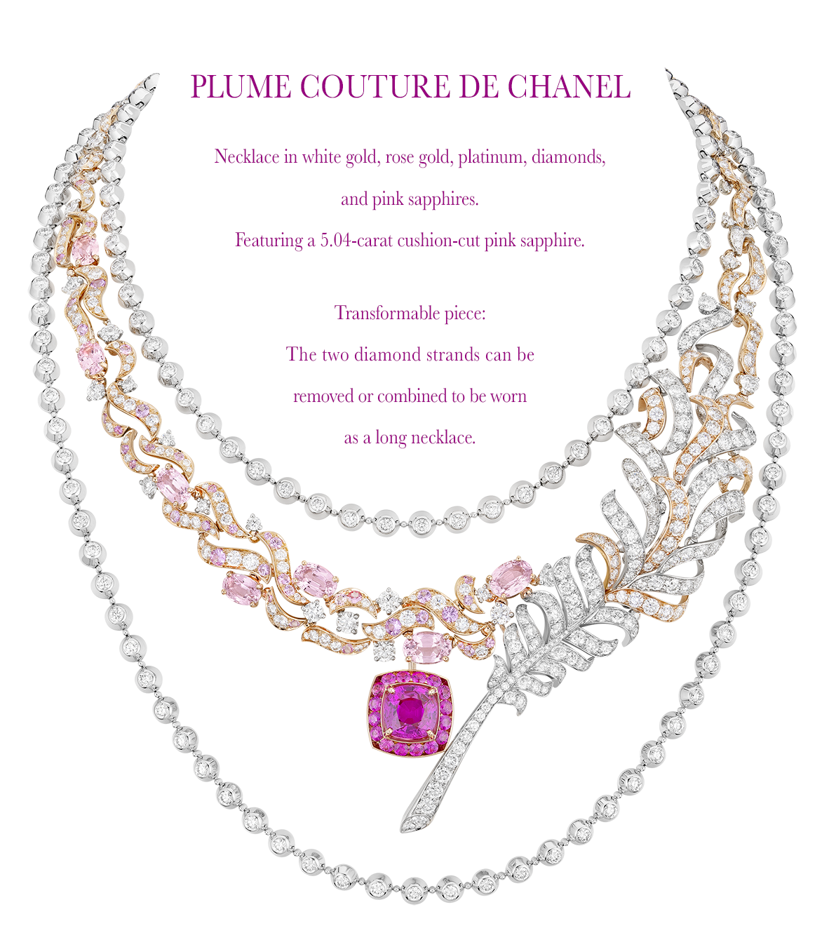 Plume Couture De Chanel Necklace in white gold, rose gold, platinum, diamonds, and pink sapphires. Featuring a 5.04-carat cushion-cut pink sapphire. transformable piece. Edge mag